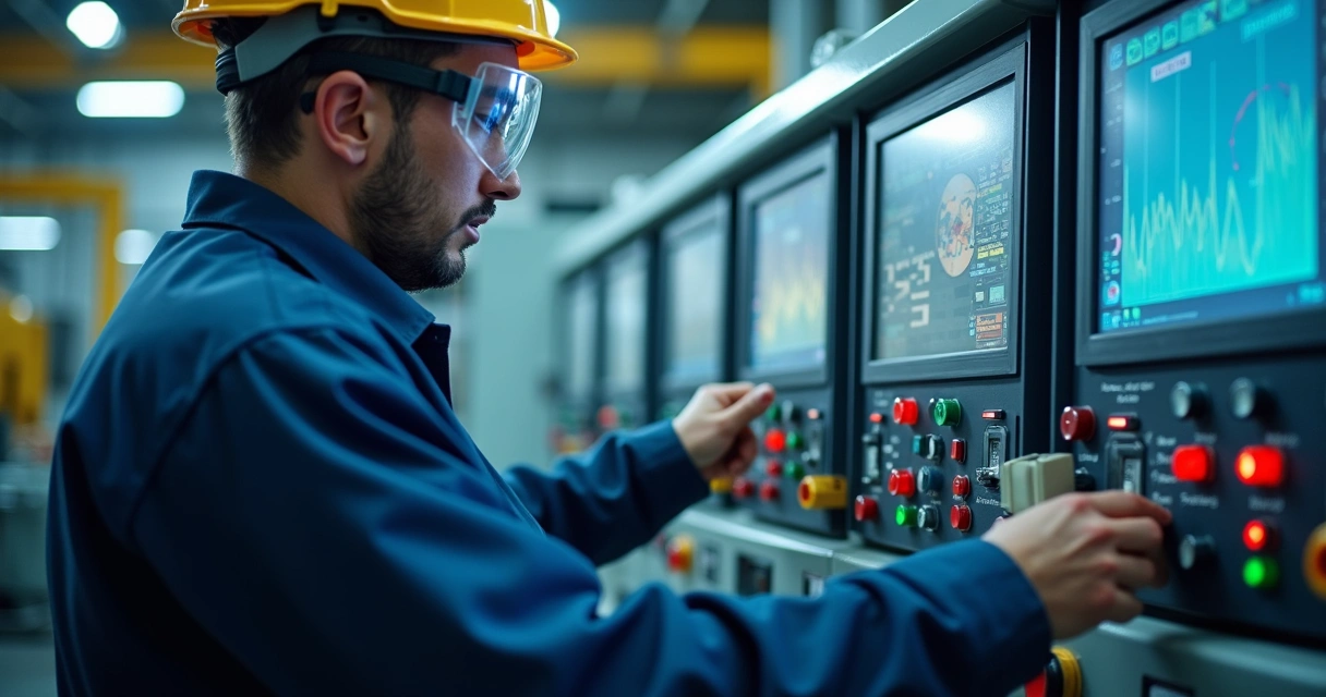 Técnico conferindo painel de controle de equipamento industrial em operação