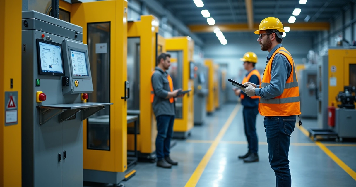 Operador ajustando máquina industrial com foco em dispositivos de segurança 