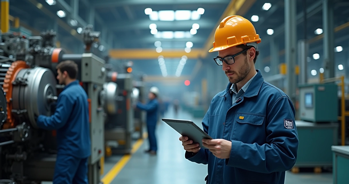 Operador analisando máquina parada na fábrica 