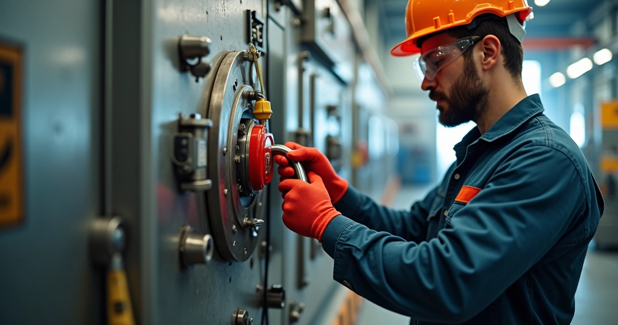 Operador vestindo EPI bloqueando máquina industrial usando dispositivo loto 
