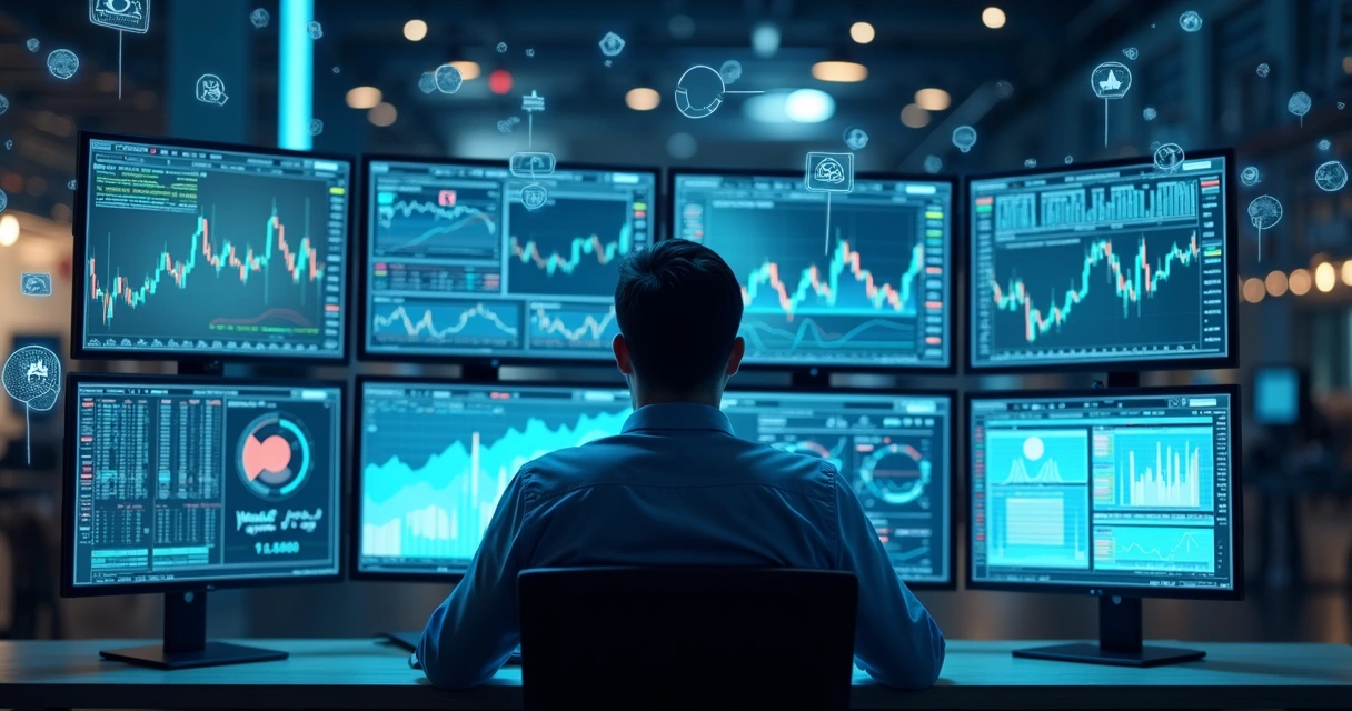Trader observando gráficos digitais com robôs e dados na tela 