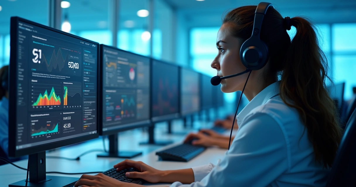 Operador de call center usando computador e fone de ouvido em uma mesa moderna 