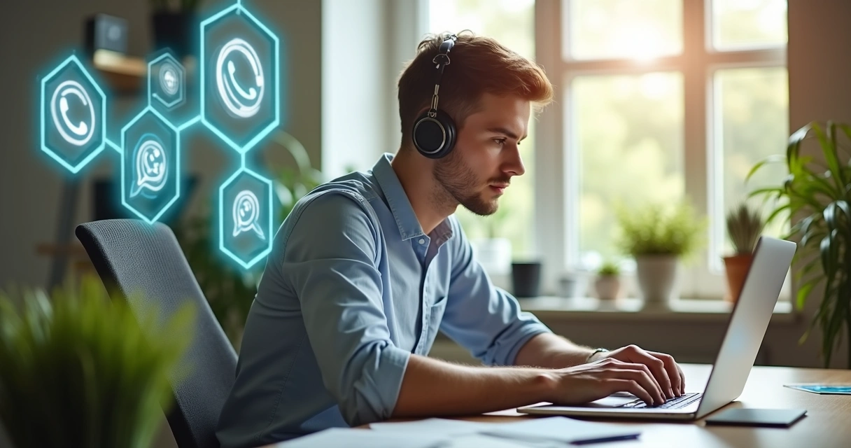 Operador de call center trabalhando remotamente em ambiente moderno.