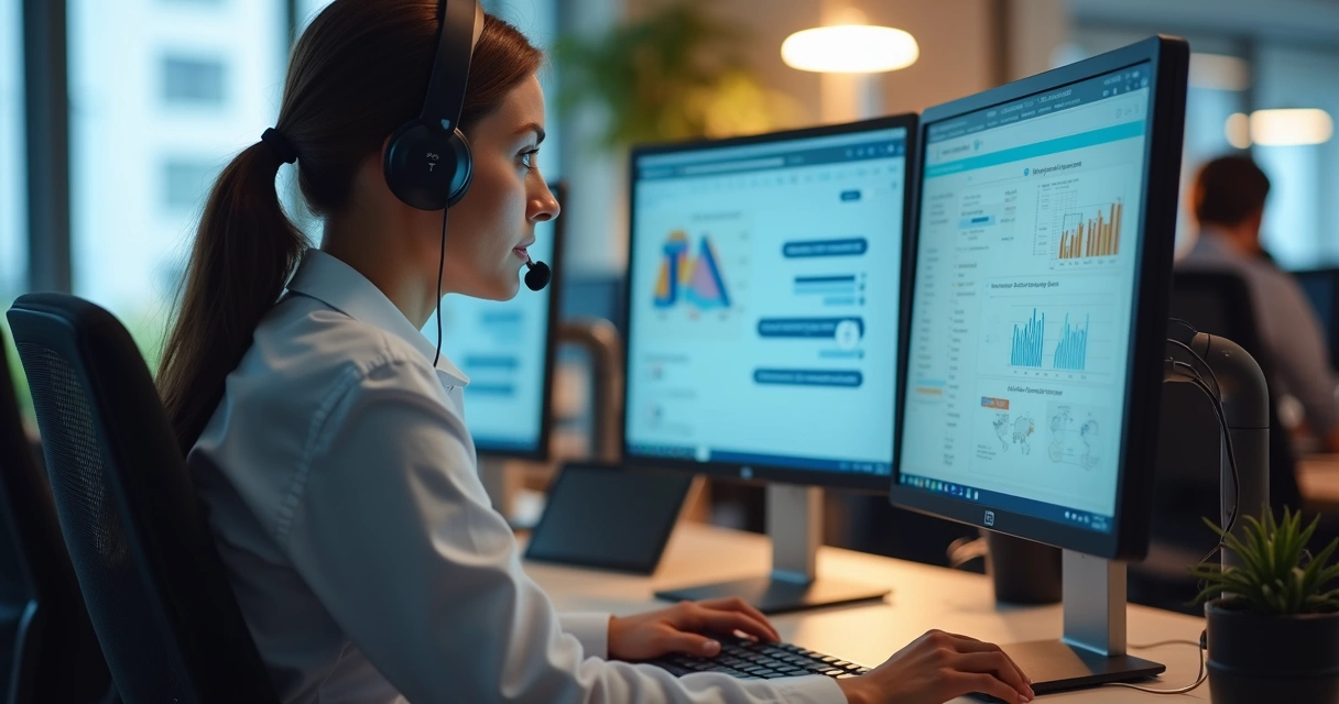 Atendente de call center usando plataforma digital em ambiente moderno 