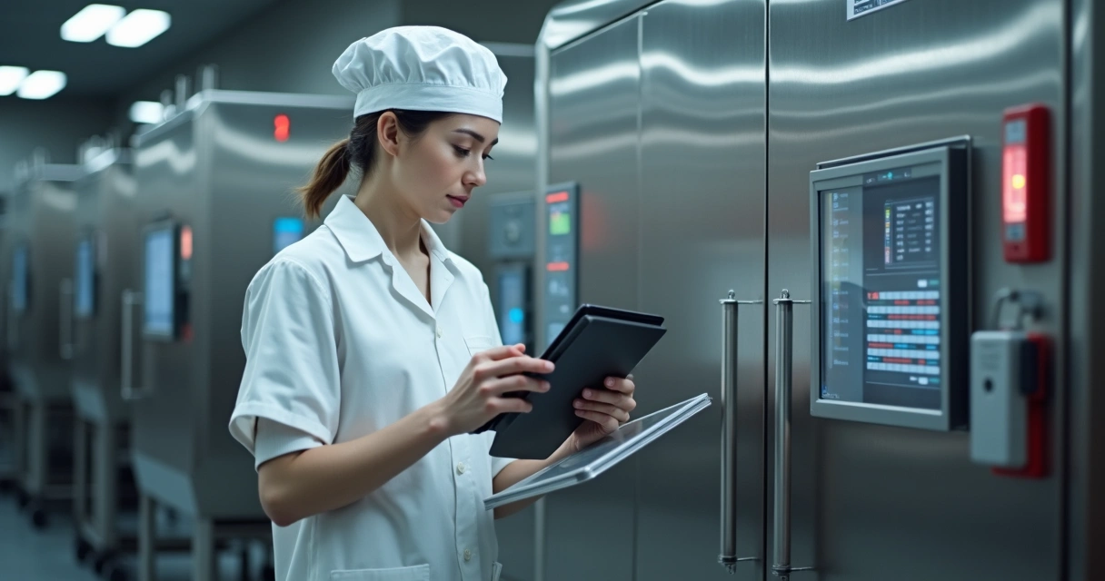 Operador preenchendo checklist digital em indústria de alimentos 