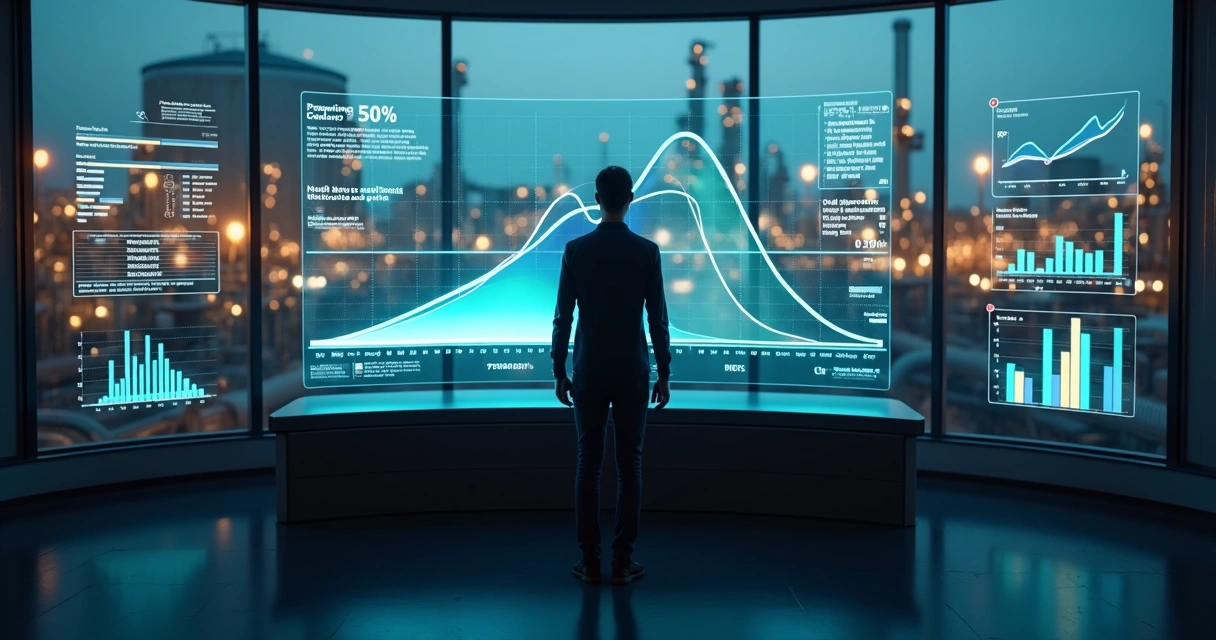 Operador analisando curva de probabilidade em painel industrial digital 