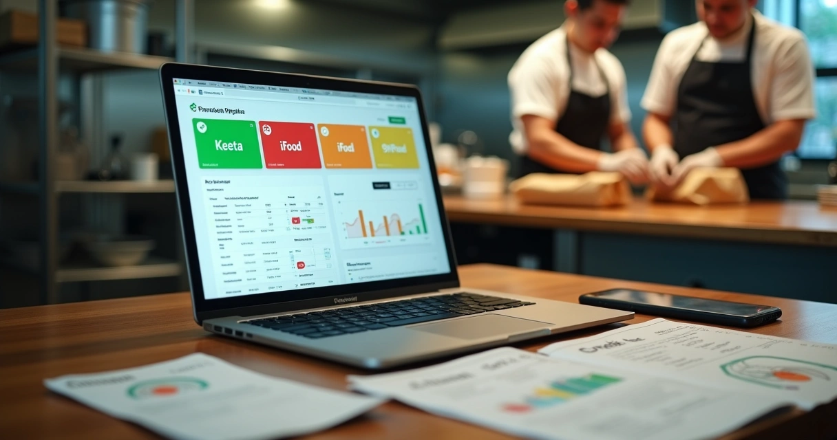 Operador de delivery analisando aplicativos Keeta iFood e 99Food na tela do notebook 