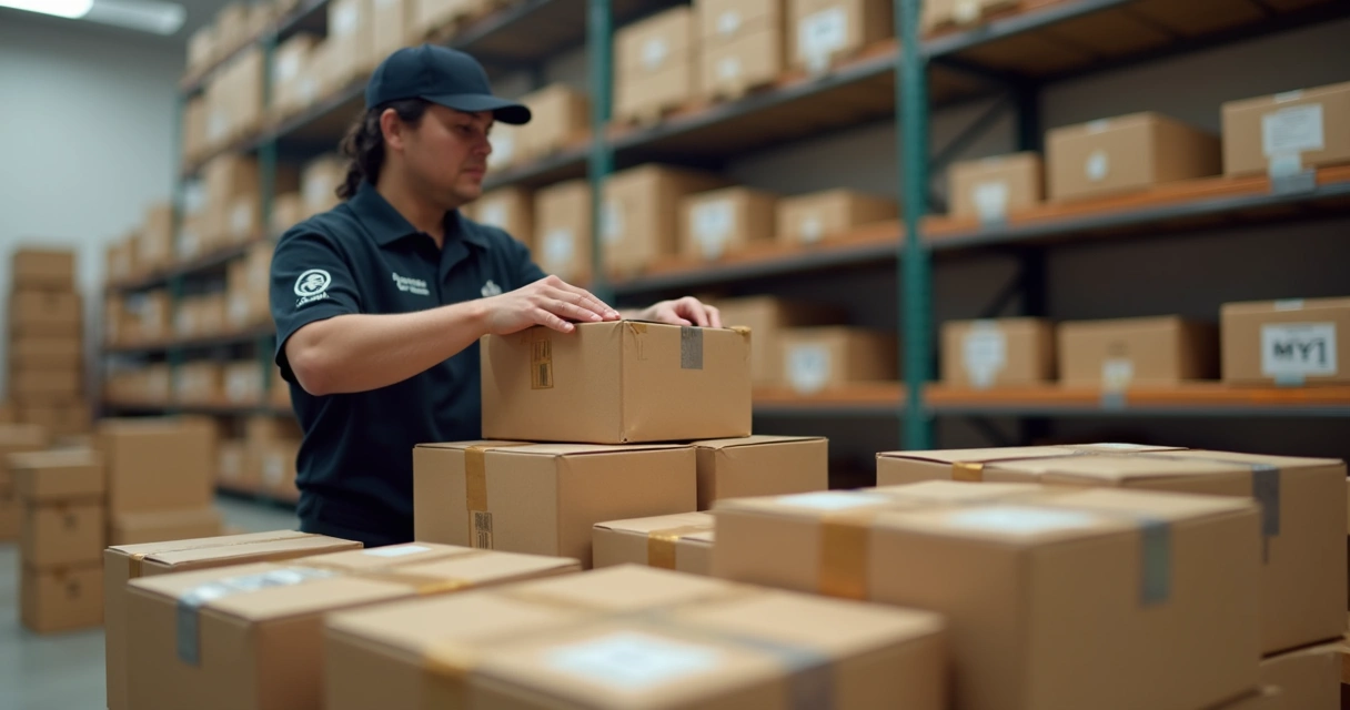 Pessoa embalando caixas pequenas em ambiente logístico de e-commerce 