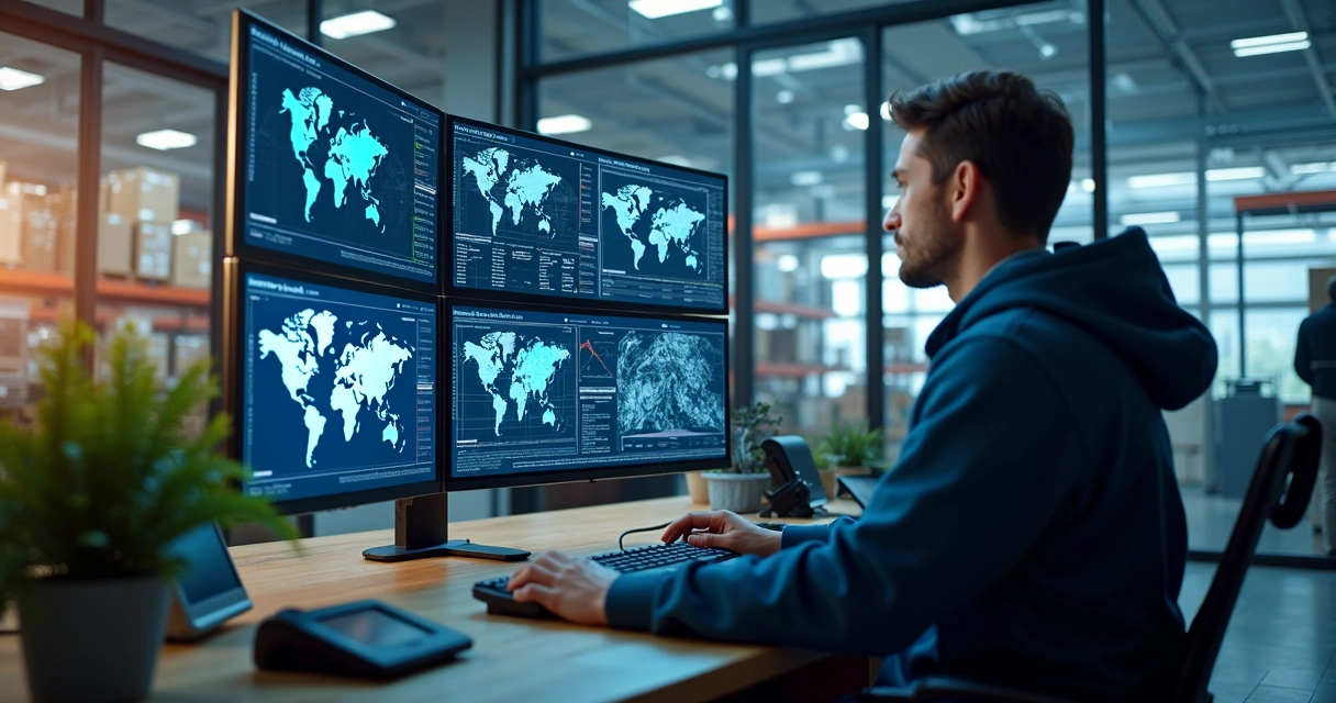 Operador de ERP observando telas de múltiplos CDs