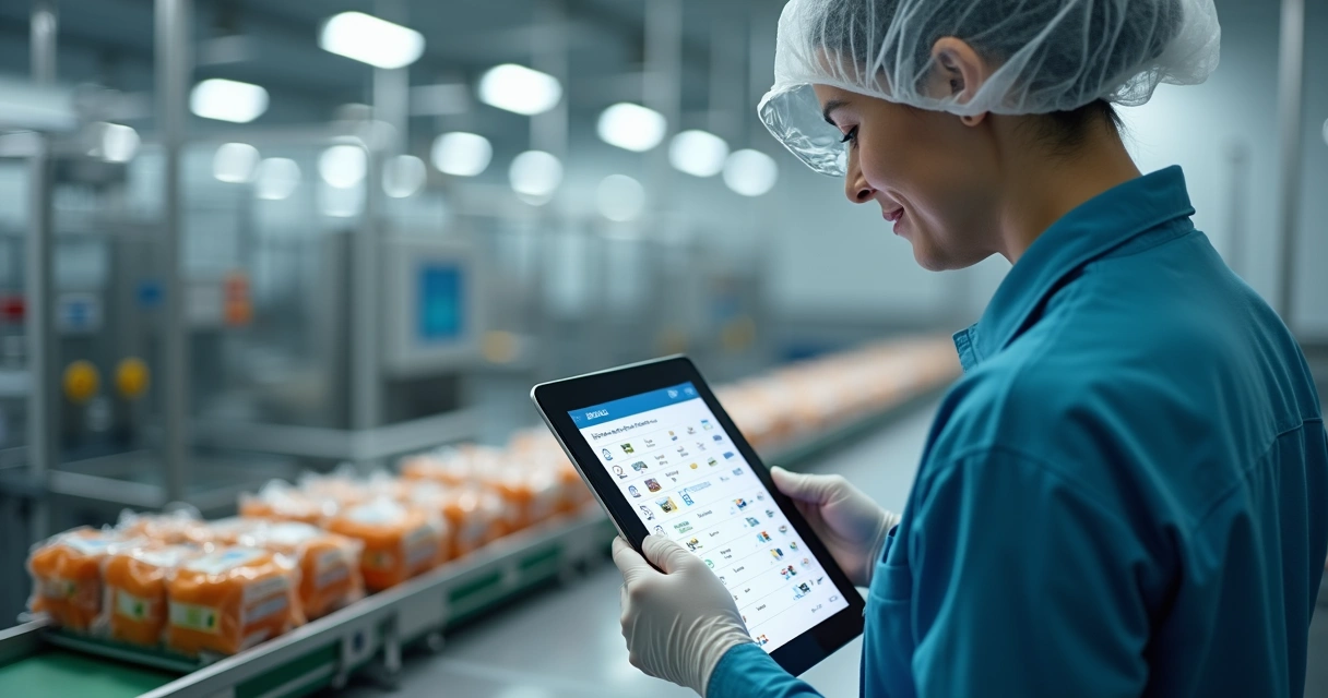 Operador registrando produção em tablet na linha de alimentos
