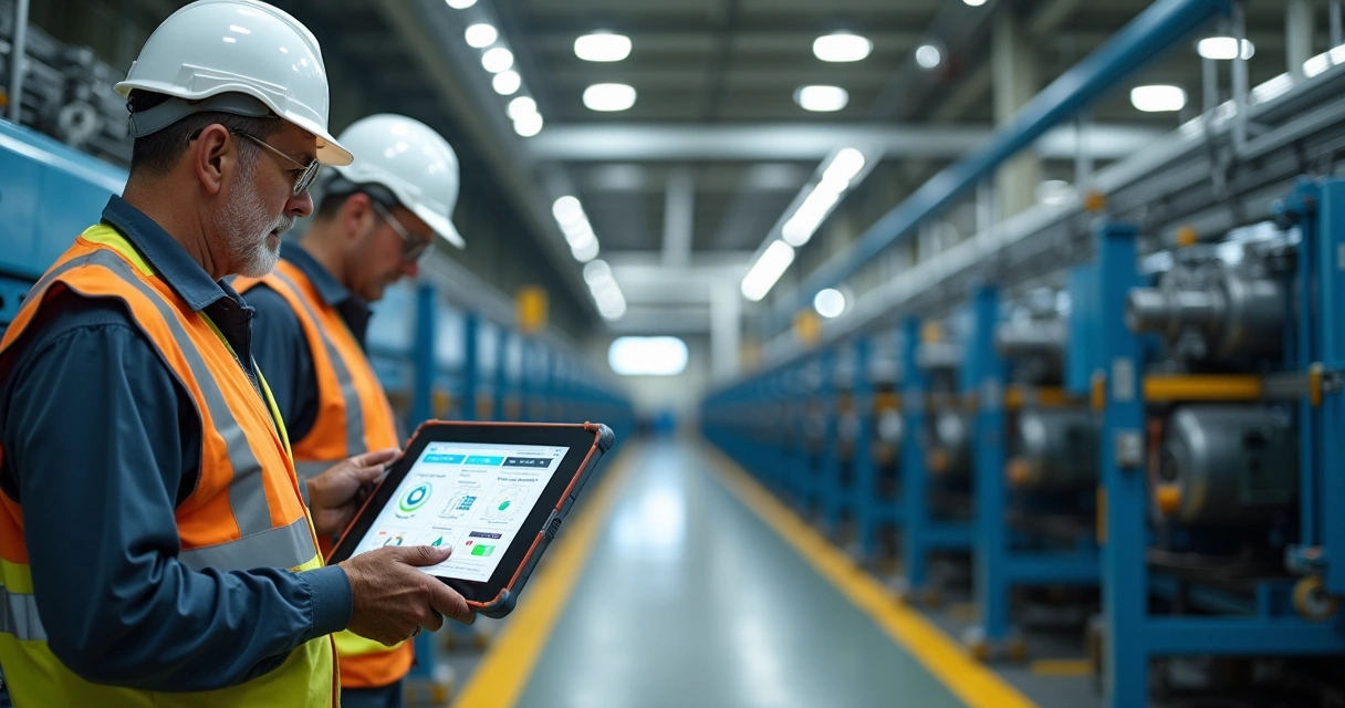 Operador de fábrica usando tablet com painel de IA em frente a máquinas industriais 