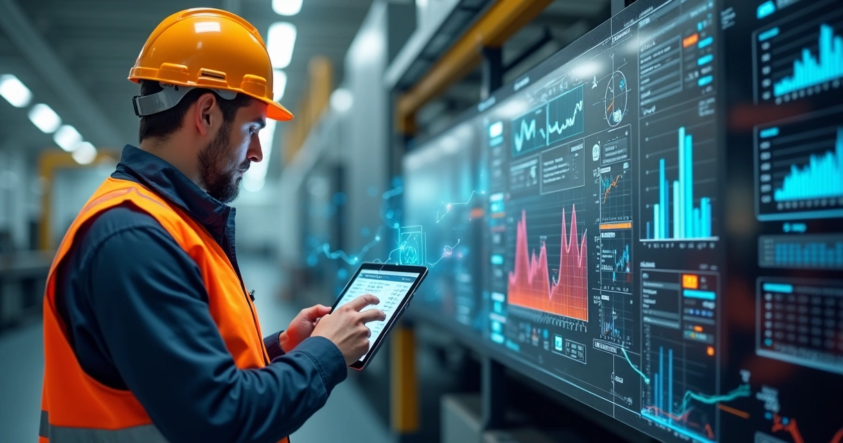 Operador industrial usando tablet para monitorar dados de produção em tempo real. 