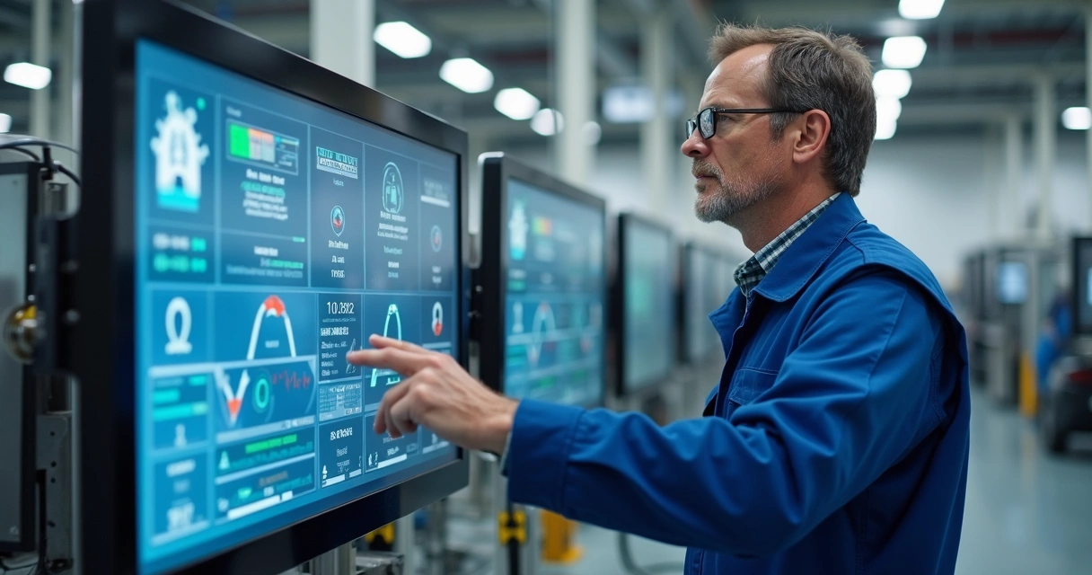 Operador de manutenção acessando painel de IA em fábrica
