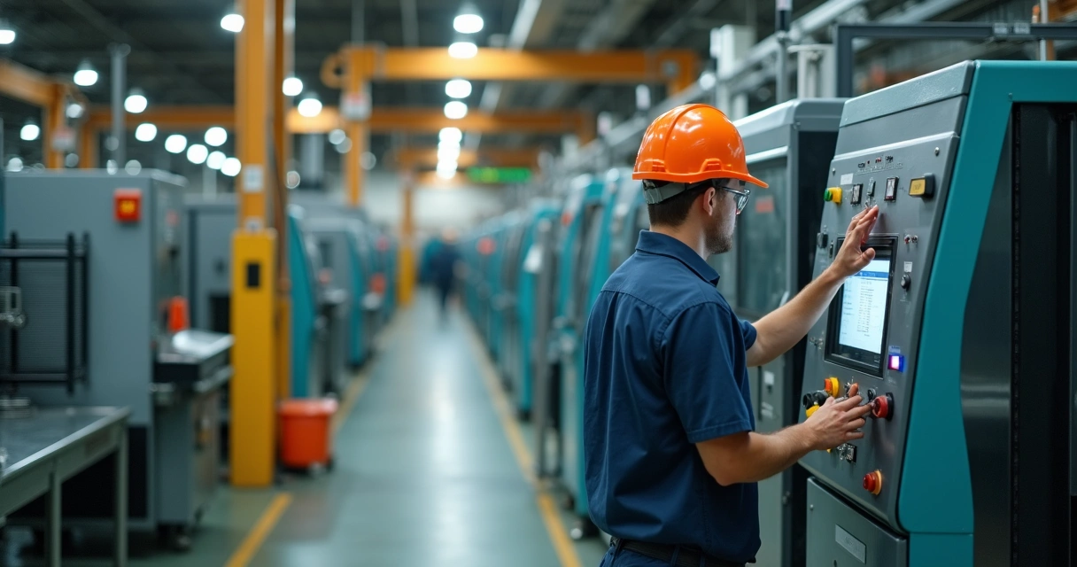 Operador ajustando painel em equipamento industrial 