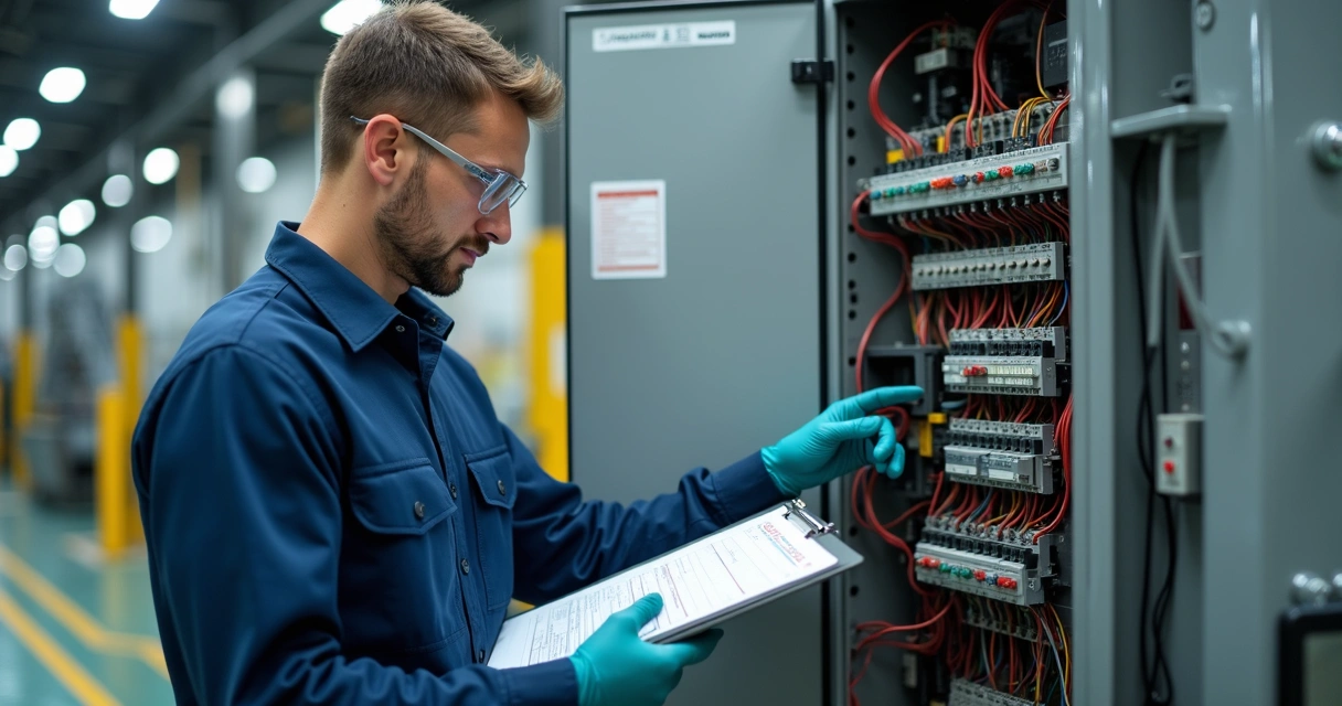 Operador industrial realizando inspeção em painel elétrico de máquinas 