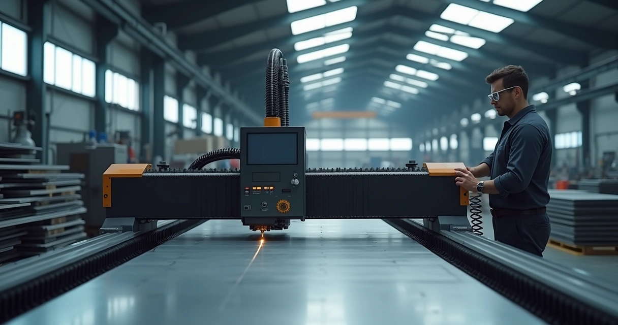 Operador ajustando máquina de corte a laser industrial 