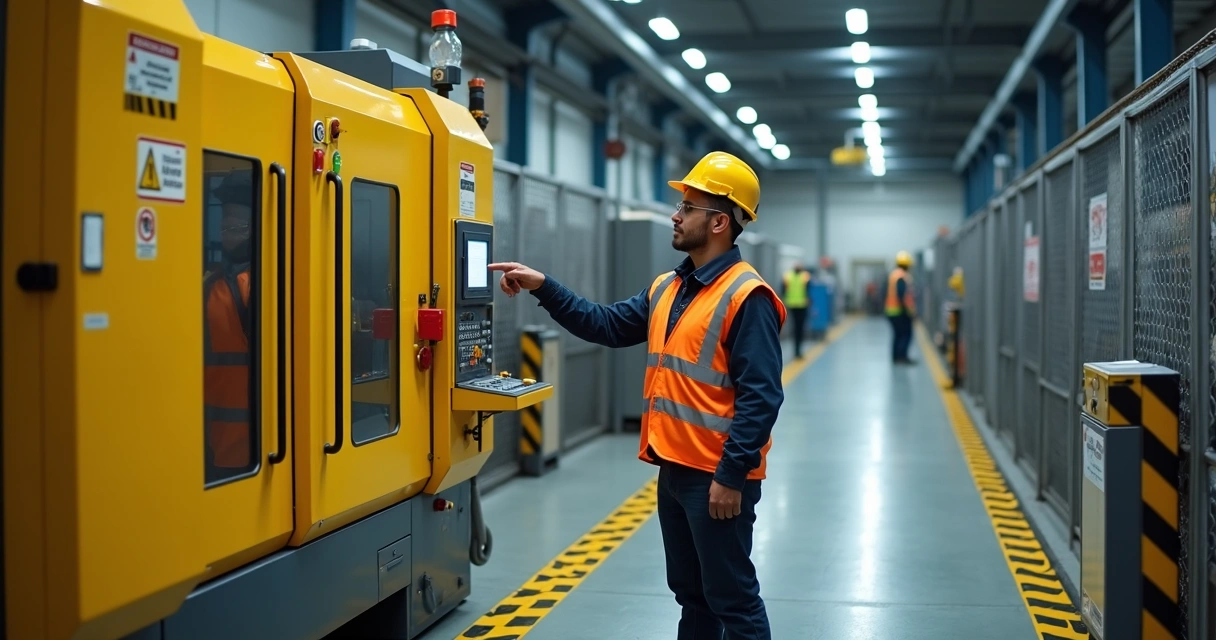 Operador ajustando máquina industrial com proteções e sinalização de segurança 