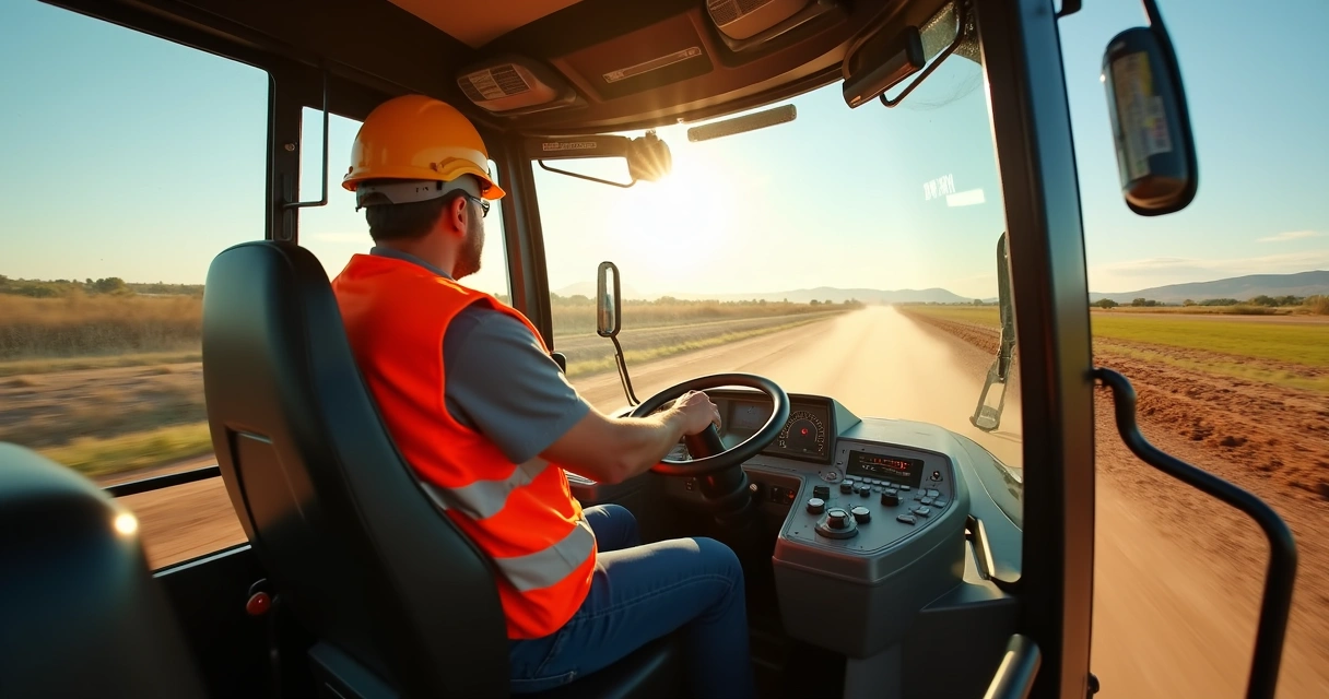Operador controlando motoniveladora em reforma de estrada de terra 