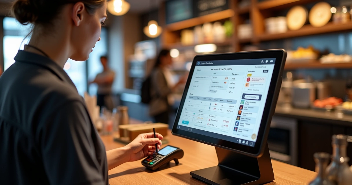 Operador usando sistema PDV moderno em restaurante, tela com interface de vendas e estoque digital 