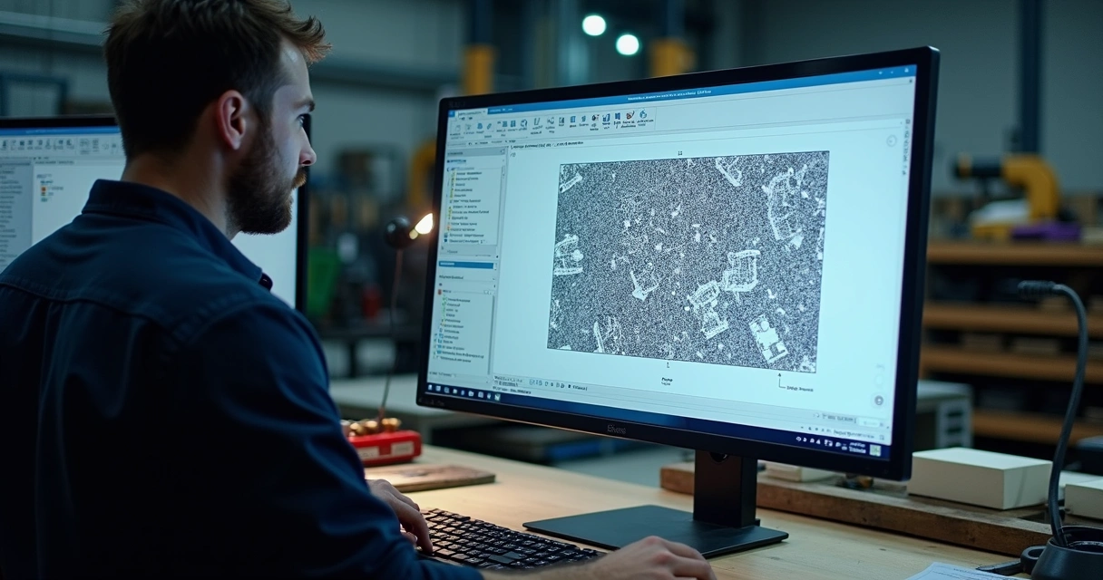 Operador analisando plano de corte em tela de computador 