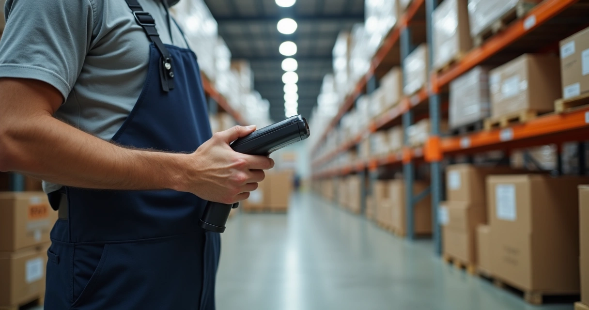 Colaborador operando um leitor RFID em um armazém 