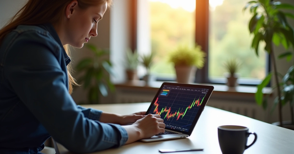 Pessoa observando tablet com gráfico financeiro, cenário de home office moderno 