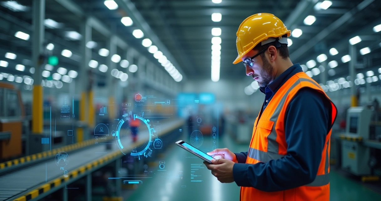 Operador usando tablet em linha de produção industrial 