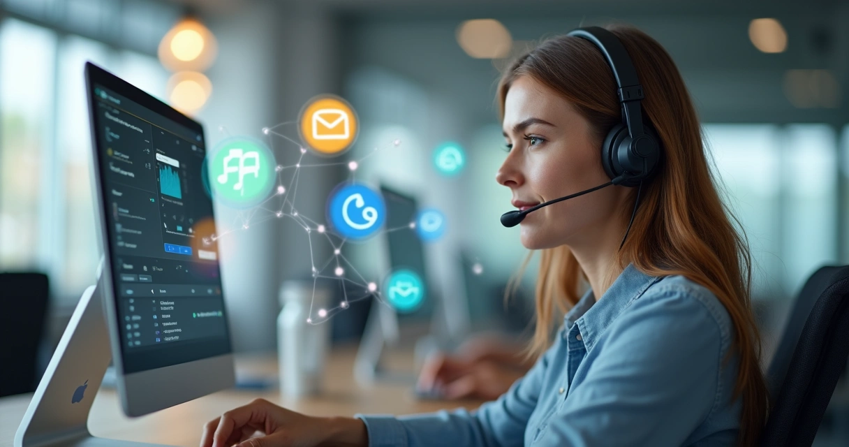 Operadora de telemarketing usando computador e headset, com ícones de chat, telefone e e-mail ao redor 