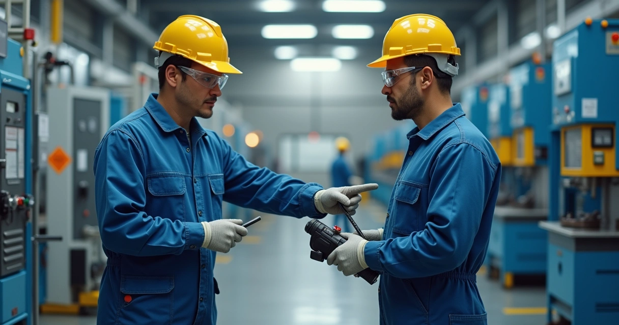 Operador aprendendo a utilizar máquina industrial com instrutor 