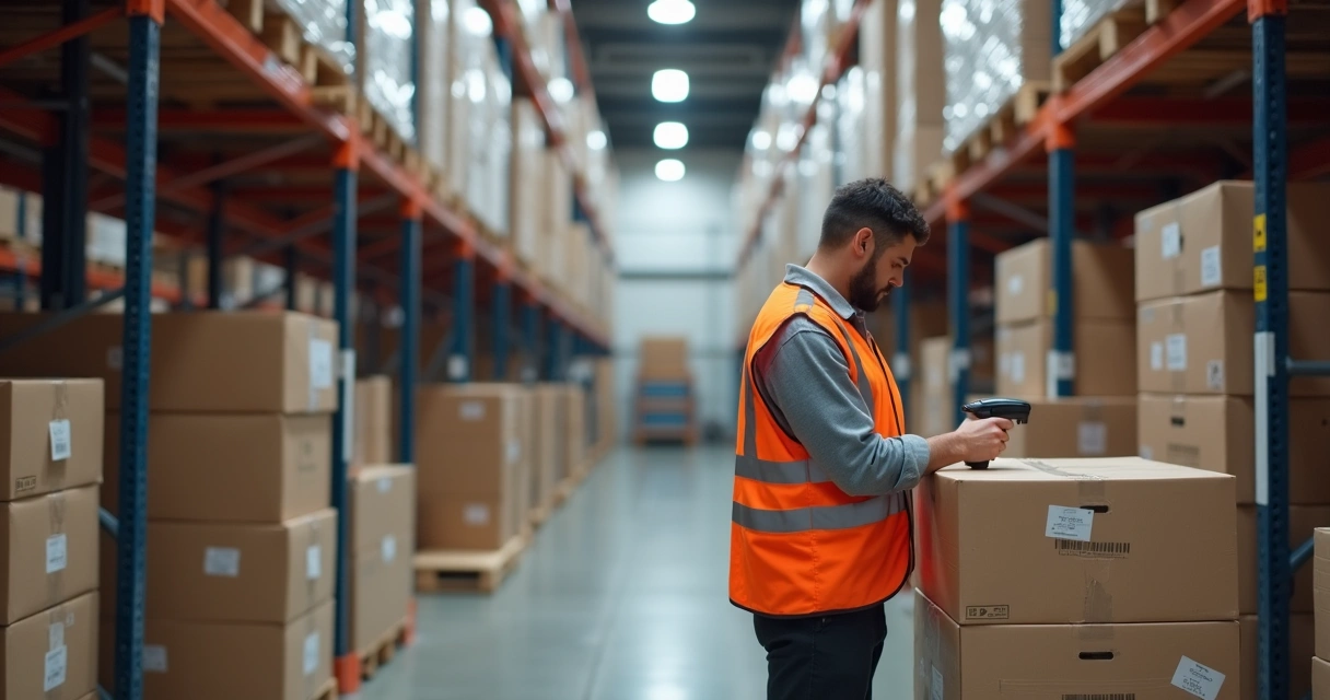 Operador de armazém escaneando código de barras em corredor de pallets