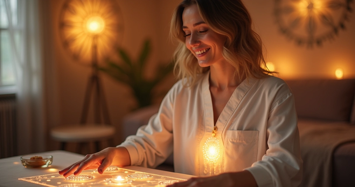 Terapeuta sorridente cuidando de mesa radiônica 