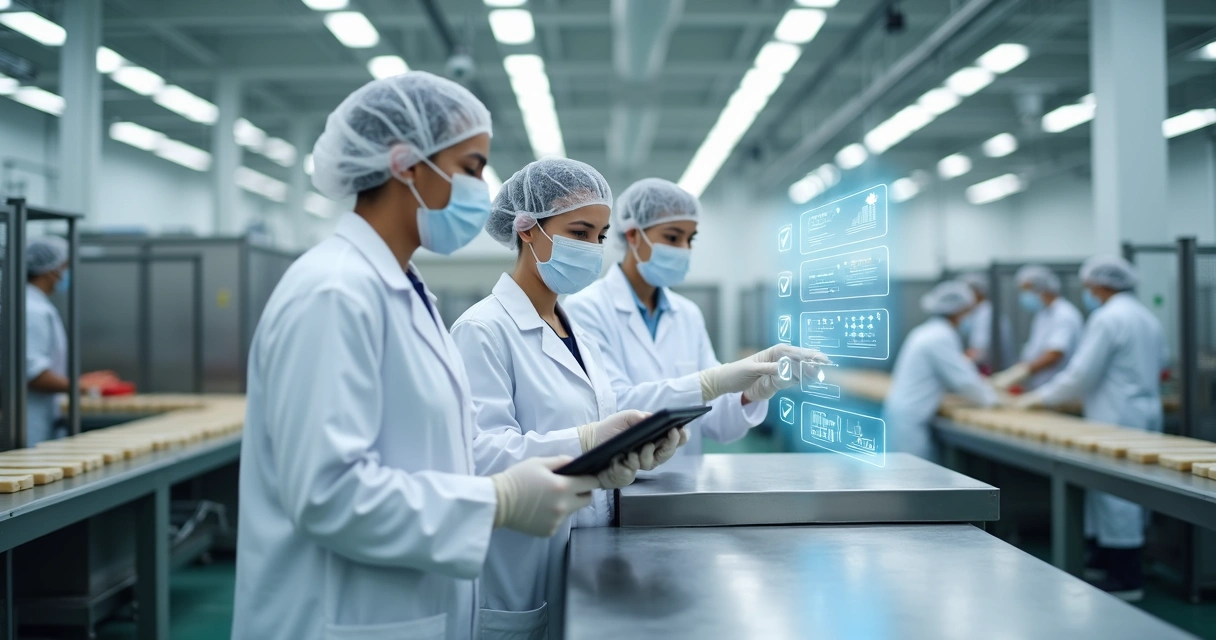 Operadores de fábrica usando tablet para checklist digital de BPF na linha de produção 