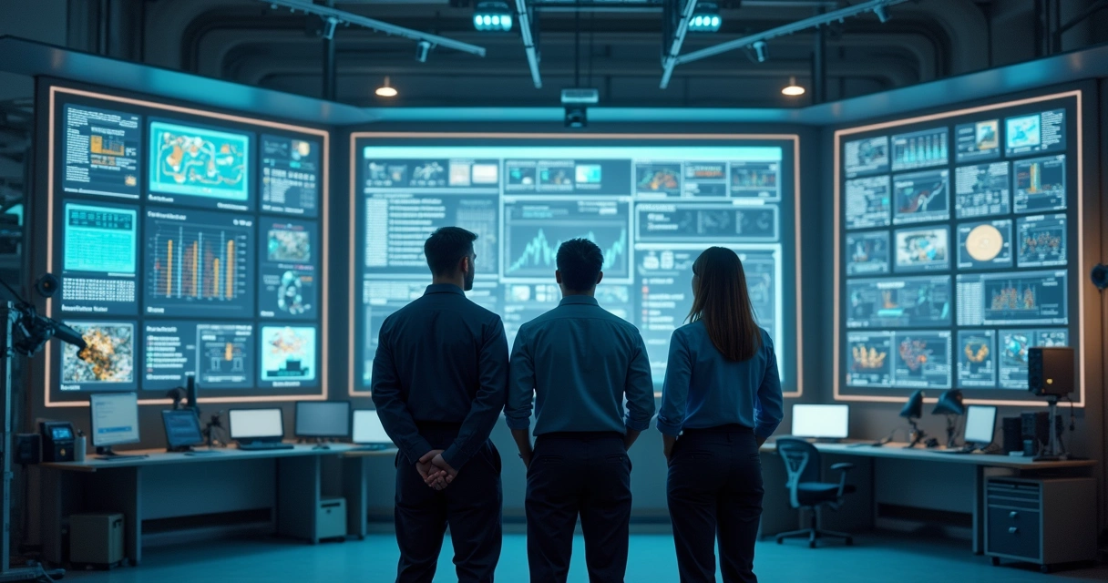 Profissionais de TI e operadores industriais se reúnem em frente a uma grande tela digital com gráficos e dados de produção, ambiente industrial ao fundo 