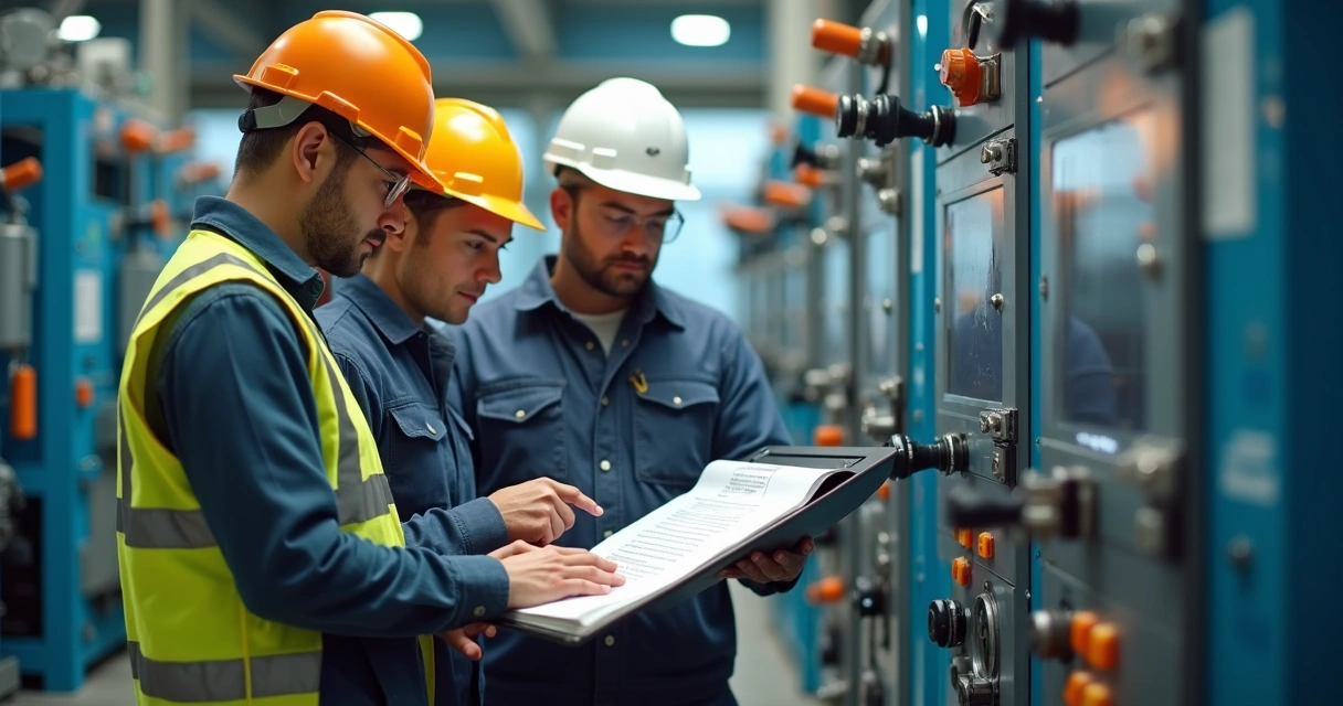 Equipe de operadores estudando manual impresso junto a equipamentos industriais, clima de aprendizado colaborativo 