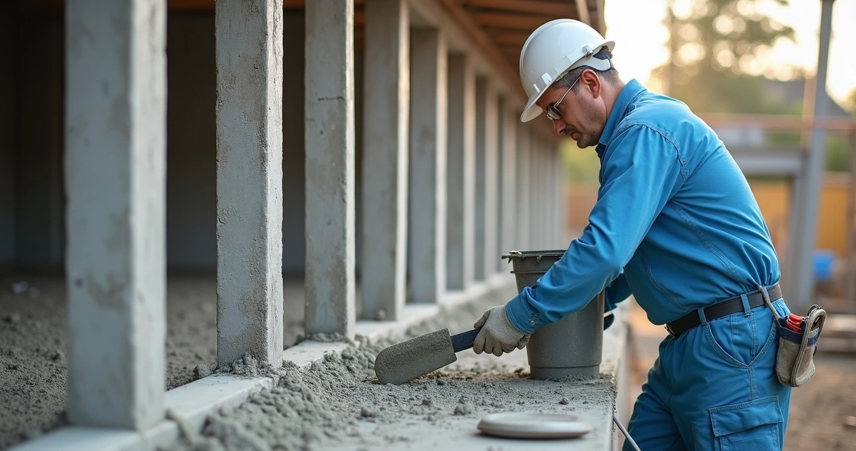 Operário aplicando cimento em estrutura de concreto