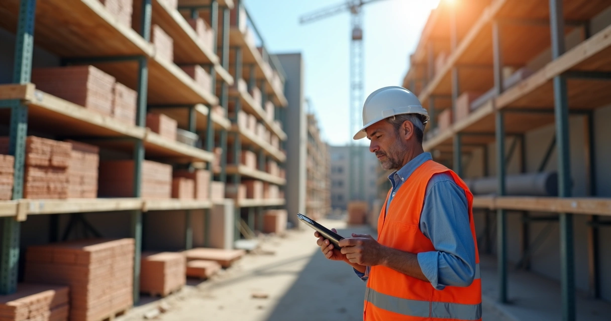 Funcionário checando estoque de materiais de construção em obra 
