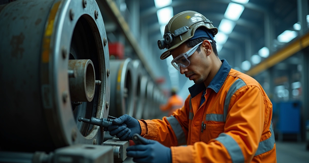 Operador de manutenção em ambiente industrial na Bahia, usando uniforme completo 