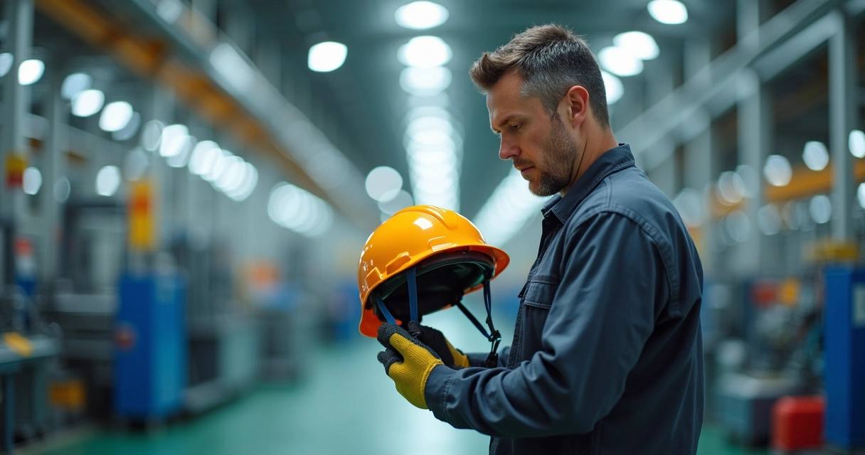 Operário inspecionando EPI em ambiente industrial 