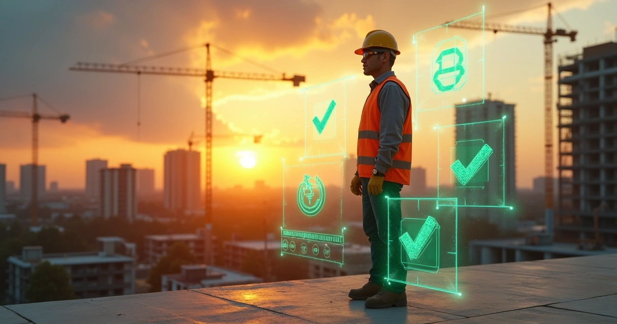 Operário em obra cercado por interface de inteligência artificial de segurança 