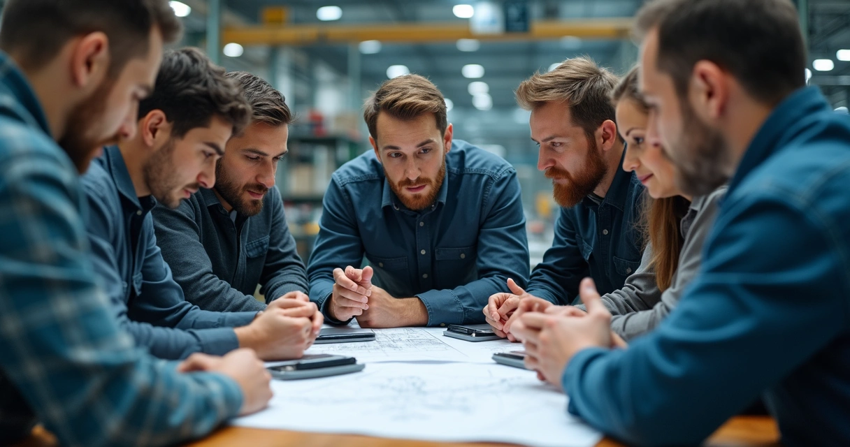 Trabalhadores industriais engajados em equipe discutindo processo produtivo 