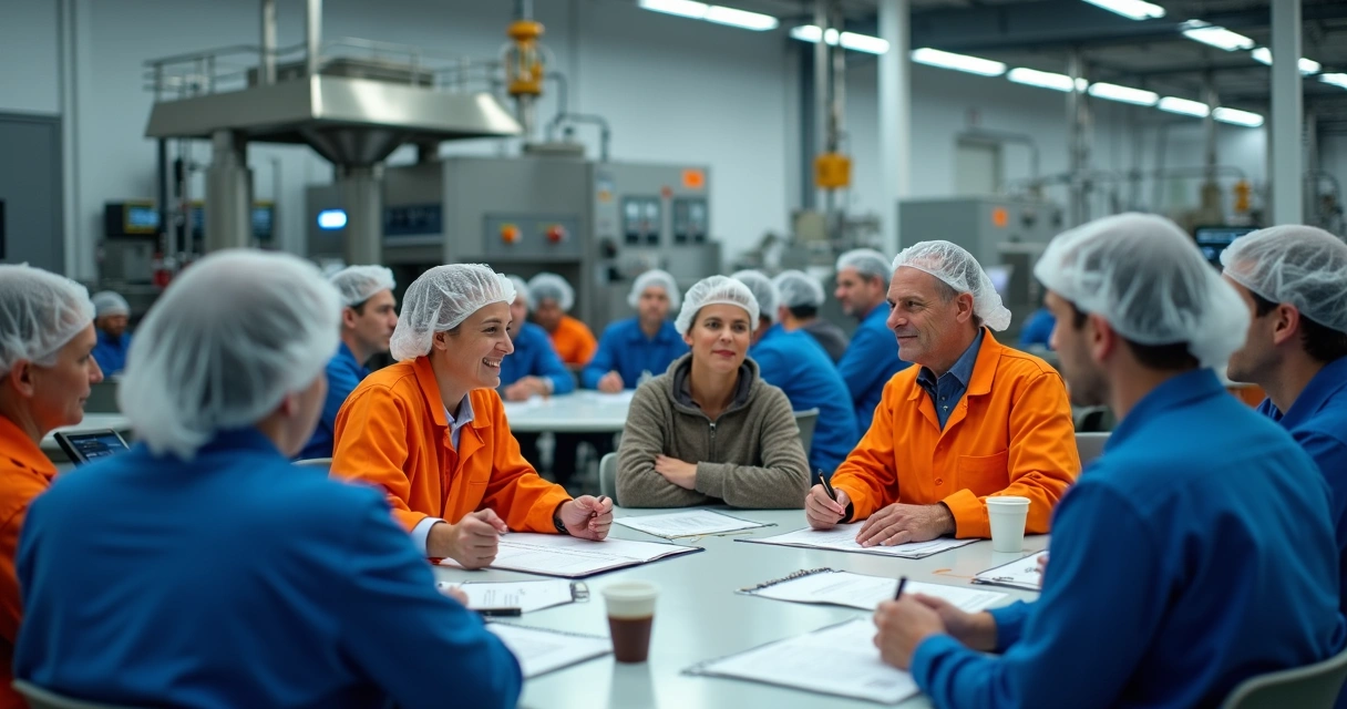 Equipe de operários reunida discutindo melhorias na fábrica de alimentos 