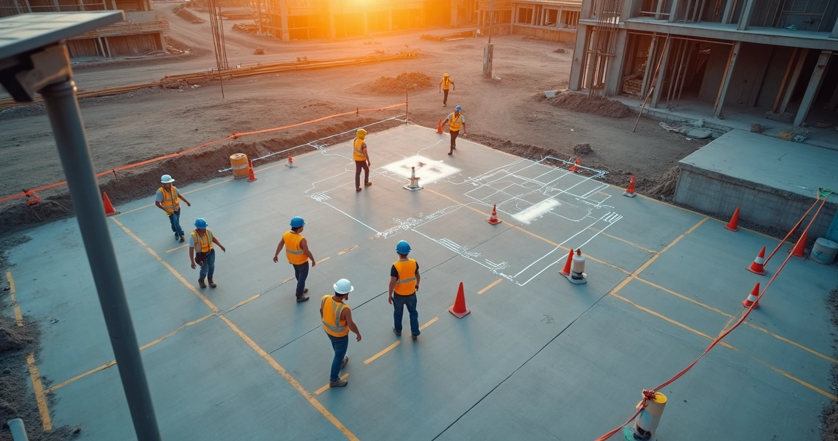 Operários em obra vistos de cima usando EPI sob câmera instalada em poste 
