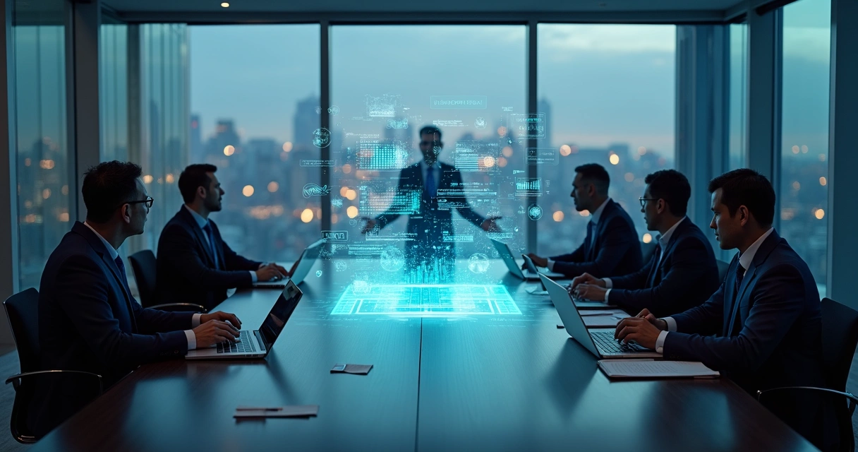 Corporate leaders in a boardroom examining a glowing AI interface with data and charts 