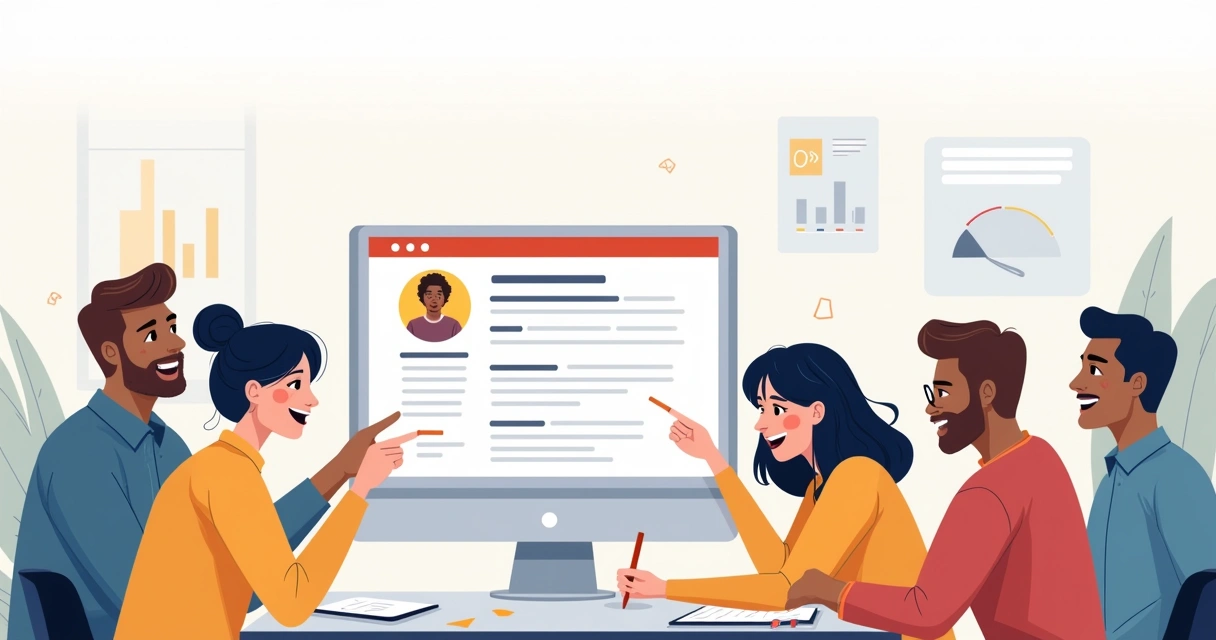 Equipe de atendimento analisando feedback negativo, sorrindo e planejando melhorias.