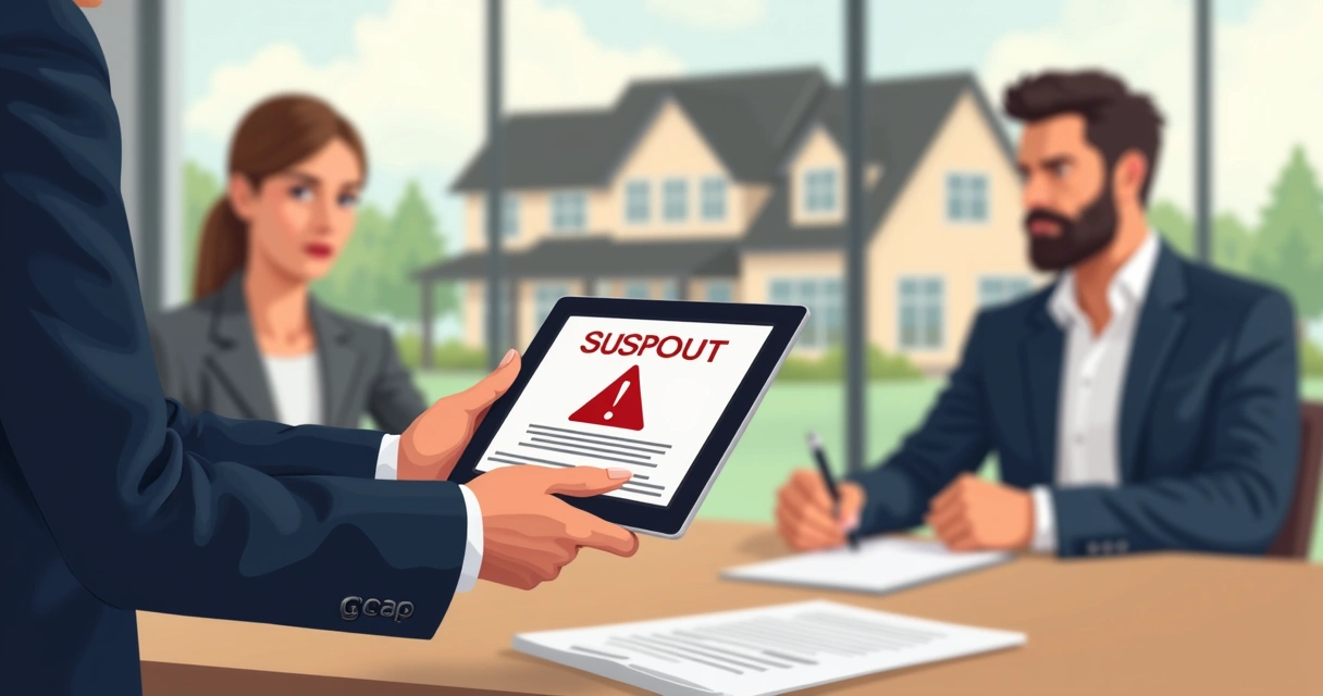Broker showing suspicious real estate proposal on screen 