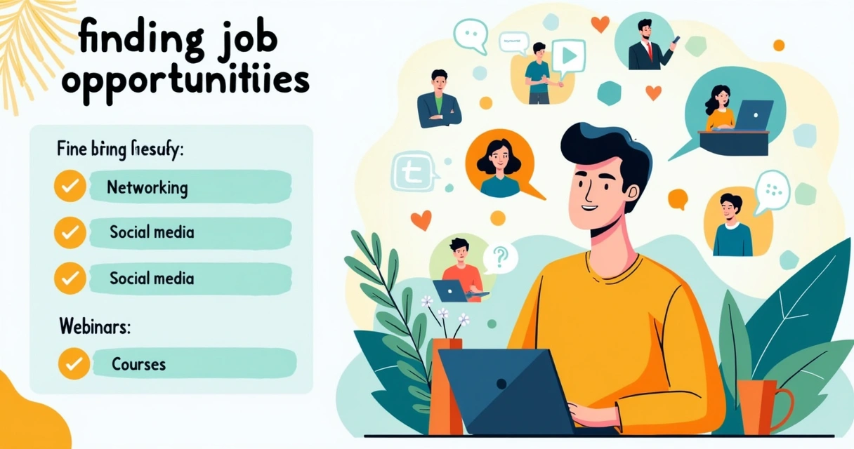 Ilustração de um closer digital interagindo com plataformas sociais, rodeado por dicas de oportunidades de trabalho.