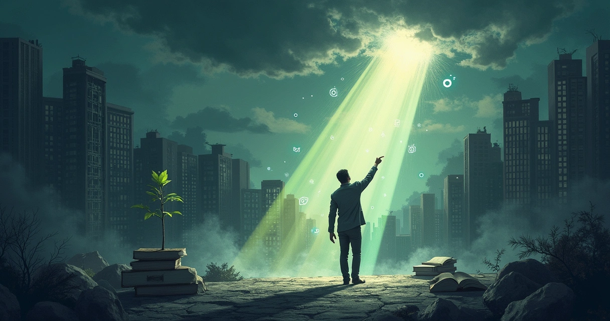 Ilustração de figura apontando luz em um ambiente urbano caótico, simbolizando oportunidades em tempos de crise.