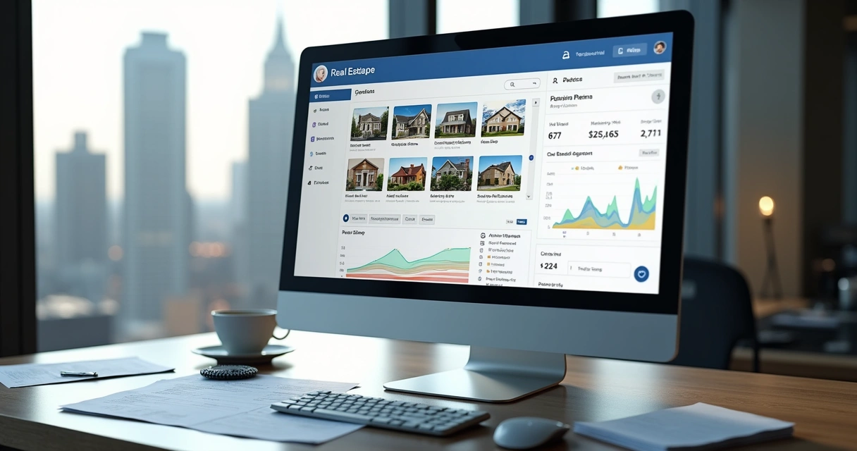 Tela de computador com gráficos e listas de imóveis de leilão 