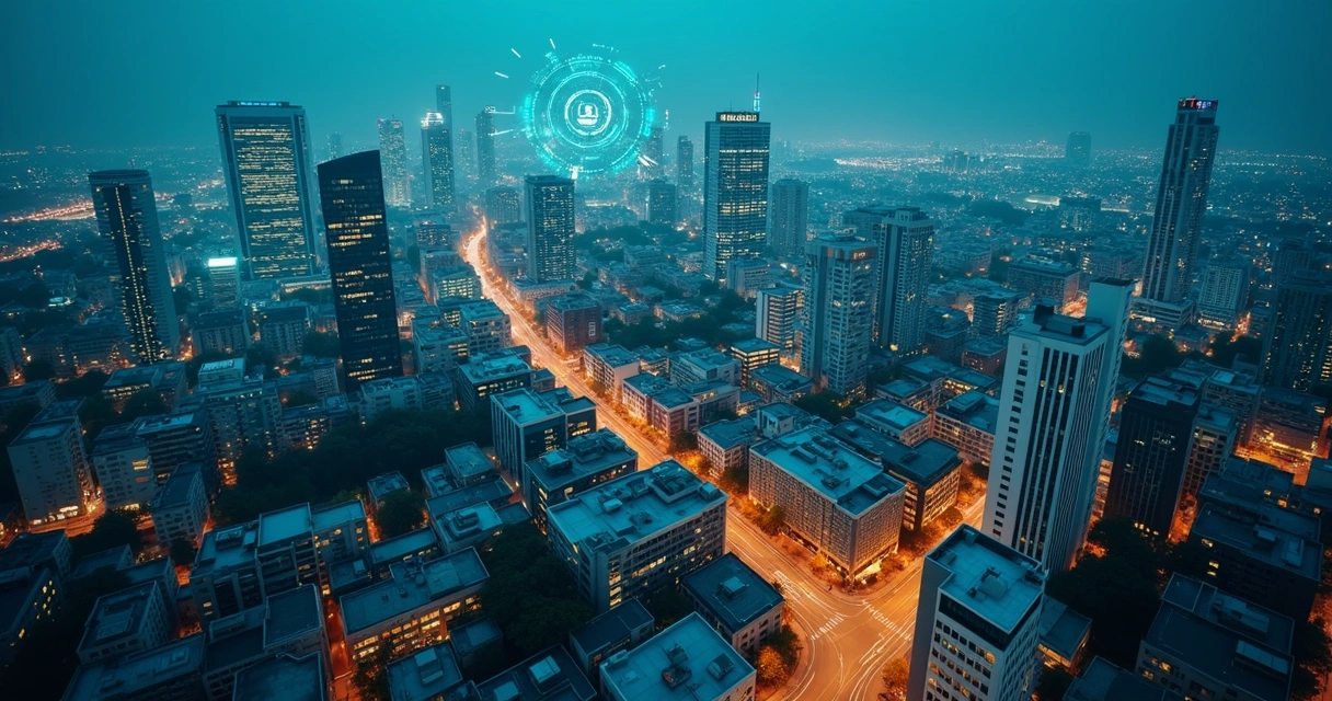Cidade vista de cima com edifícios destacados por brilhos conectados por IA 