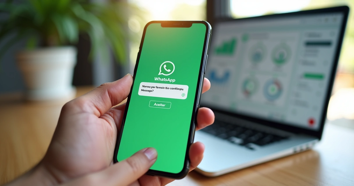 Tela de celular mostrando mensagem de opt-in do WhatsApp com pessoa clicando em botão de consentimento 